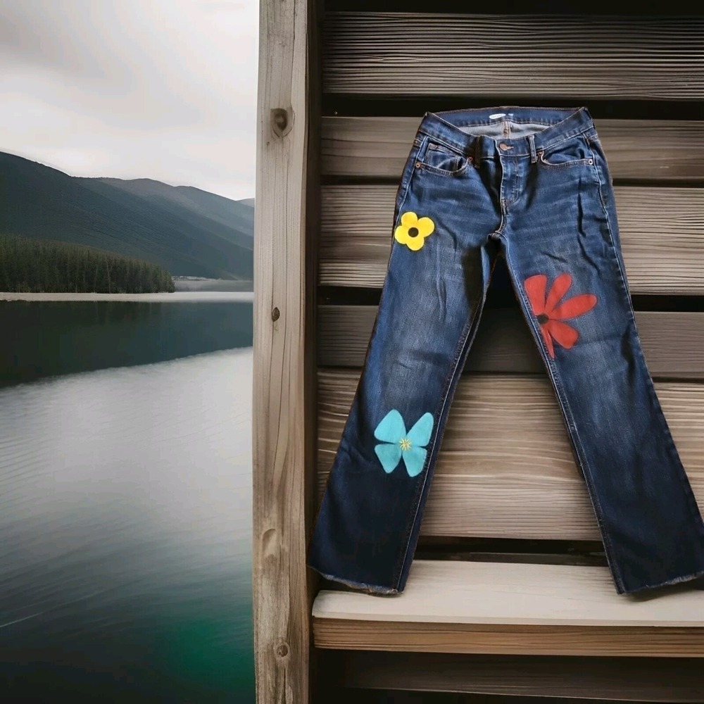 Old Navy Jeans Womens 28x24 Blue ‎ Flowers Painted High Rise Cotton Blend